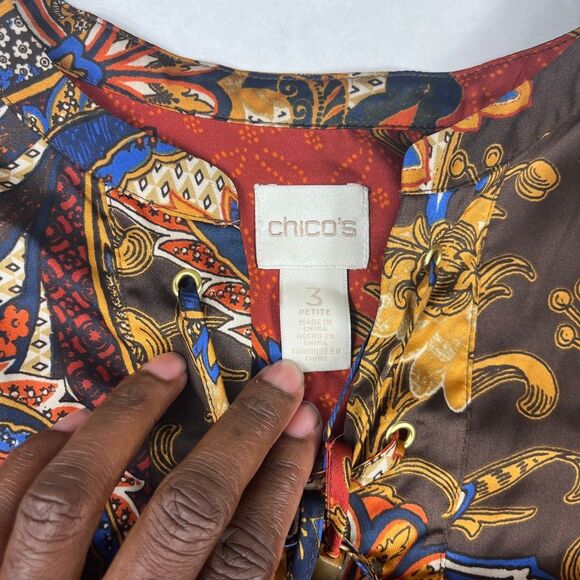 Chicos Asymmetrical Tunic Shirt Boho Colorful Long Sleeve Lace Up Top 3P XLP - Picture 4 of 11
